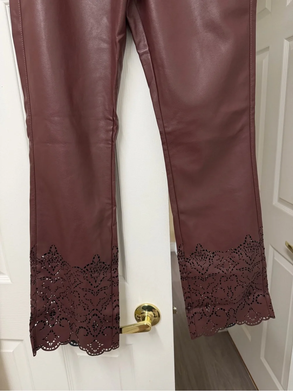 NWT By Anthropologie Faux Leather Slim Flare Pants Chocolate Size 8 - Picture 8 of 16
